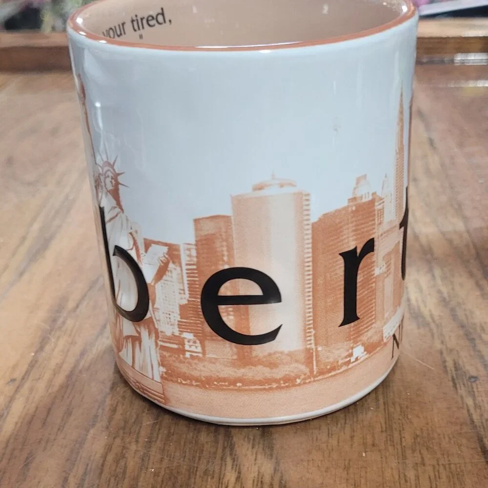 Statue Of Liberty New‎ York Souvenir Coffee Cup Mug- Tan White Skyscraper